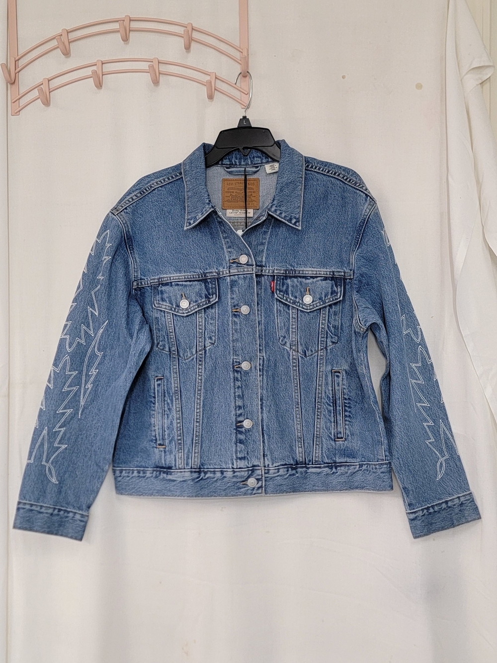 Levi's Light Blue Denim Trucker Jacket with White Sleeve Embroidery
